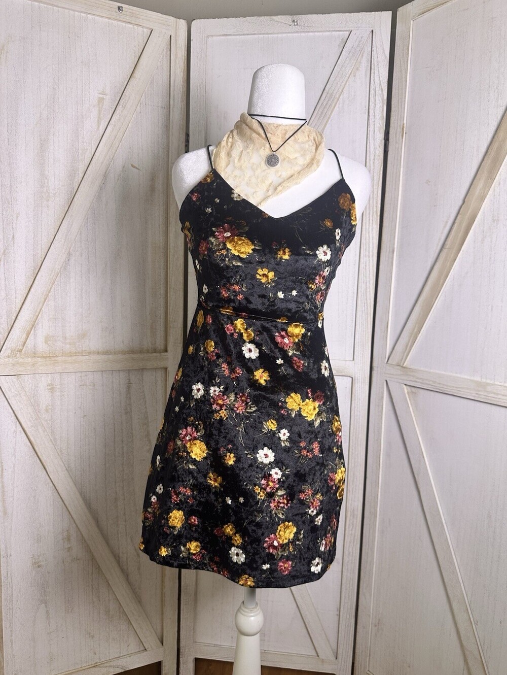 Garage black floral velvet mini slip dress spaghetti straps dark romantic sz XS